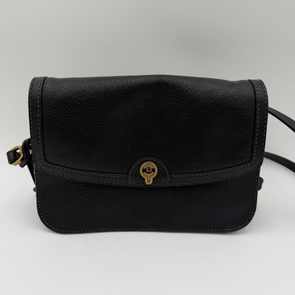 FOSSIL Ainsley Flap Crossbody Bag Black Leather Purse Gold Hardware